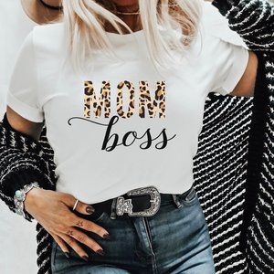 Mom Boss Leopard Print Animal Print Cotton Short Sleeve White Tee Shirt